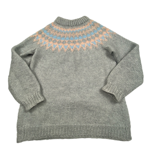 Handmade Sweaters - NEW Handmade Fair Isle Chunky Knit Sweater Grey Peach Light Blue Crew Neck Med